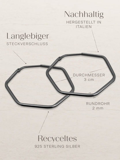 Creolen HEXAGON Dezent Schwarz Rhodiniert-3